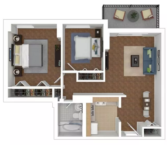 Floor plan for 2 beds, 1 bath, 767 sqft